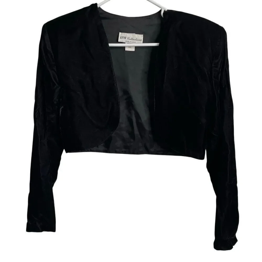 Vtg HW Collections Womens Velvet Bolero M Black Open Front Holiday Black Tie